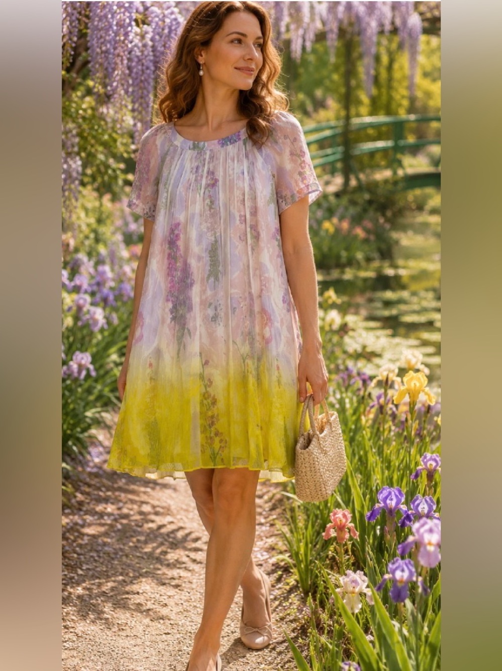 Anthropologie HD in Paris Chroma Swing Dress Sz 2 Floral Yellow Ombre Layered